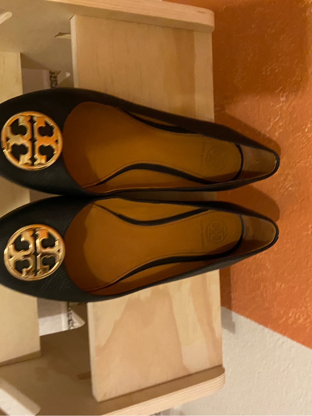 Tory Burch Black Leather Ballet Flats with Gold Logo Medallion